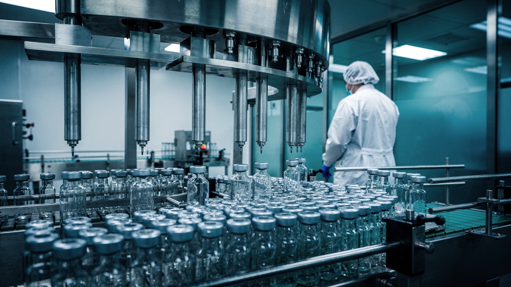 Linha de envase farmacêutico brasileiro, frascos crimpados em torre de bicos filling.