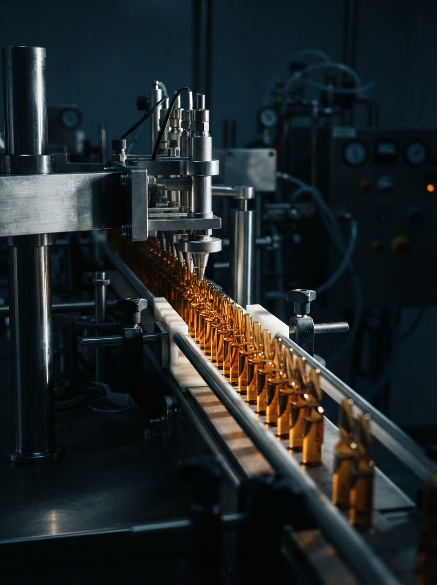 Linha de envase farmacêutico com ampolas âmbar em aço inox, iluminação lateral fria.